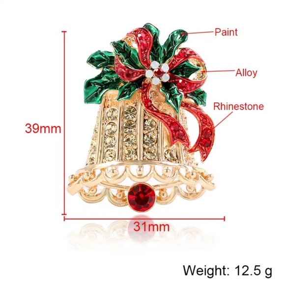 ❤️5/$15💚 Gold Tone Christmas Bell Pin Brooch with Rhinestones - Picture 3 of 3